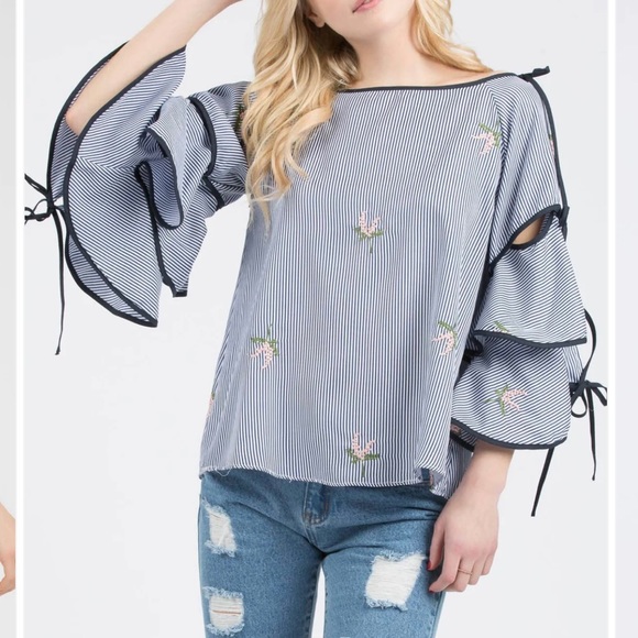 POL Floral Embroidery Woven Top with Lace Trim main image 0